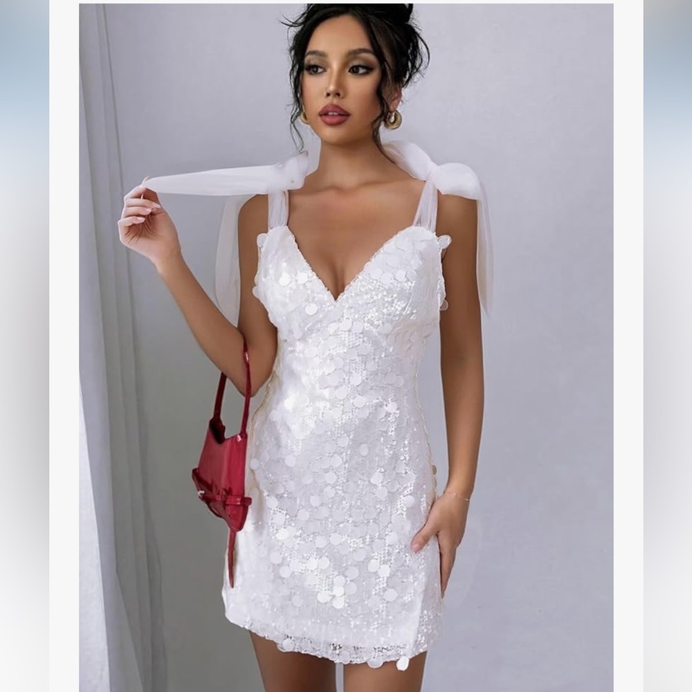 White Sequin Mini Wedding Dress with Tie-Strap Shoulders